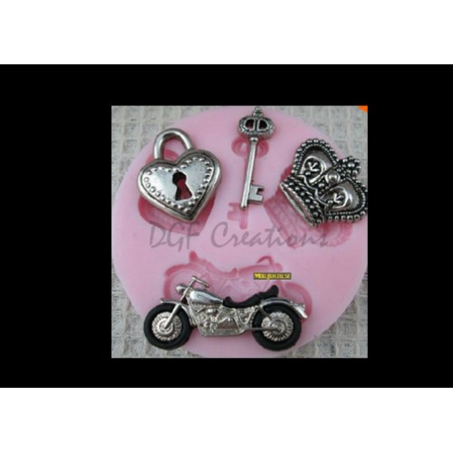 Motorcycle, crown, heart and key 